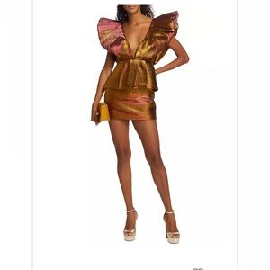 Never been worn elegant Gold metallic shimmers in magenta. Beautiful dress.